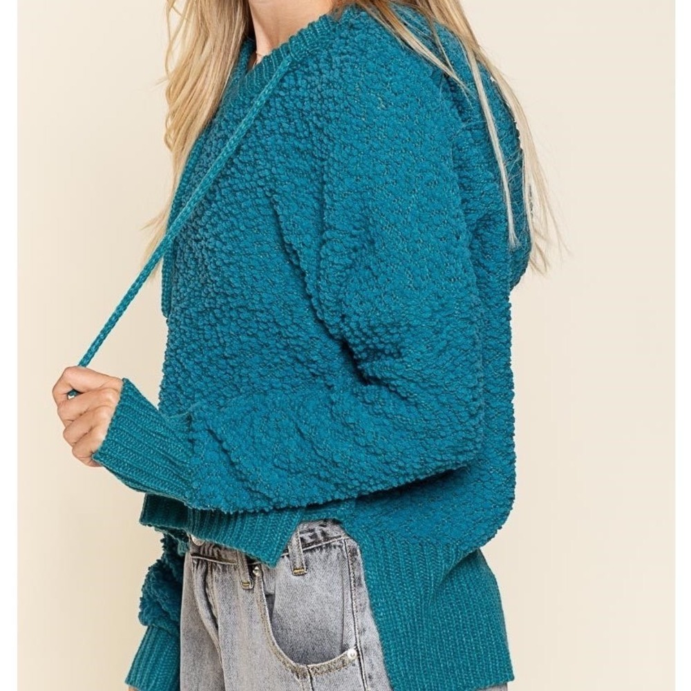 POL Teal Blue Popcorn Knit Hoodie Sweater Textured Oversized Pullover Small - Picture 3 of 8